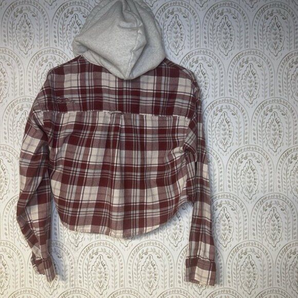 American Eagle Womens XS Plaid Hooded Crop Long Sleeve Button Down Hood - Picture 2 of 7